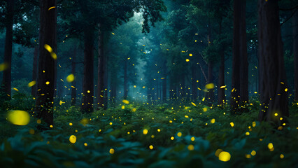 Obraz premium A peaceful sight in a woodland at dark, with masses of fireflies illuminating the undergrowth