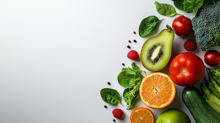 Naklejka premium A Colorful Assemblage of Fresh Fruits and Vegetables Showcasing Nature's Bounty in a Simple Yet Appealing Arrangement on a Light Background