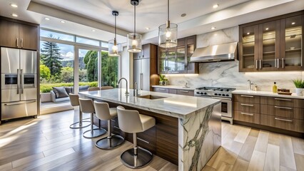 Luxurious modern kitchen featuring sleek marble countertops, high-gloss cabinets, stainless steel appliances, and massive windows flooding the space with natural light.