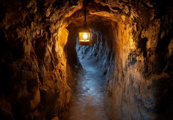 A narrow, winding mineshaft deep underground, illuminated by a single hanging lantern