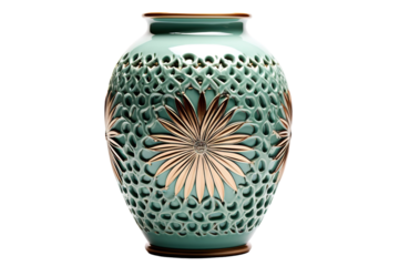 Exquisite Handcrafted Ceramic Vase With Intricate Floral Design Displayed Against a Neutral Background on White or PNG Transparent Background.