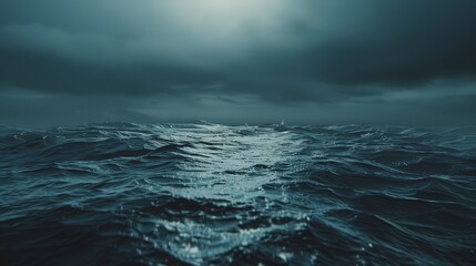 A dark, moody ocean scene with waves under a cloudy sky and soft light.