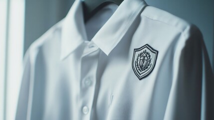 A crisp white shirt with a school emblem embroidered on the chest pocket, hanging on a hook,