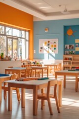A bright and colorful art classroom with clean tables and untouched supplies,