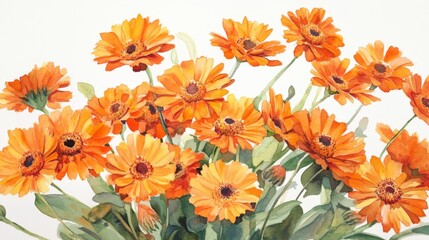 Vibrant watercolor painting of orange flowers in bloom. Captures the beauty and freshness of nature. Perfect for home decor and greeting cards.