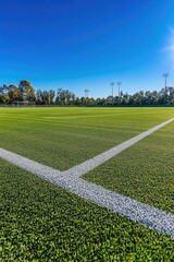 A clean school sports field with freshly painted lines and neatly trimmed grass,