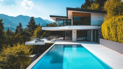 Fototapeta premium A modern house with a swimming pool surrounded by lush greenery and mountains, showcasing contemporary architecture.