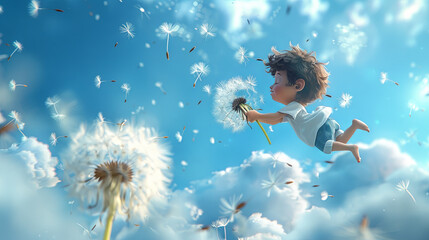 cartoon little boy flies on fluffy dandelion in the blue sky