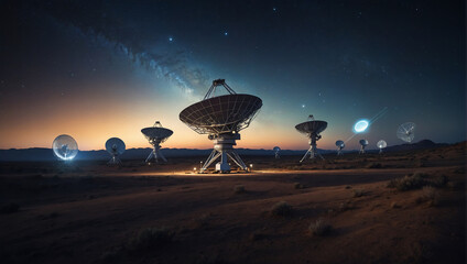 Satellite dish located on the ground Under the beautiful night sky.AI generated