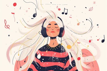 White haired girl with headphones, flat style, illustration style, Memphis, lots of musical elements in the background, generative ai