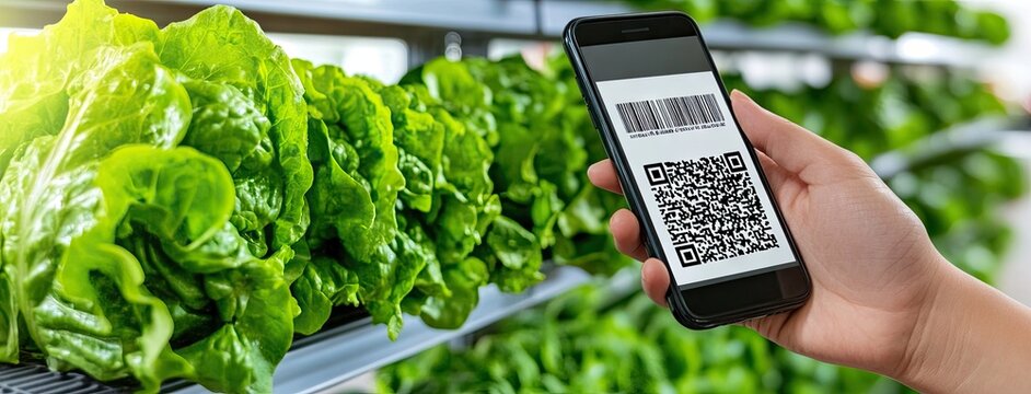 A man explores modern online shopping by scanning a bar code on his mobile phone amidst fresh produce in a grocery store