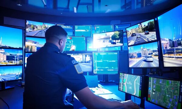 A dedicated officer monitors multiple screens in a high-tech command center, ensuring the safety of the city as night falls and challenges arise
