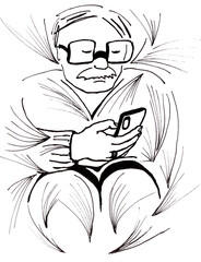 The silhouette of a man with a mobile phone in his hands. Black and white graphic image in one-line art style. Funny stylized sketch of a male portrait. People in life. Flat pattern with a human face.