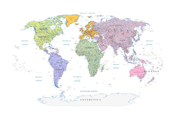 Fototapeta premium Political world map continents on white background