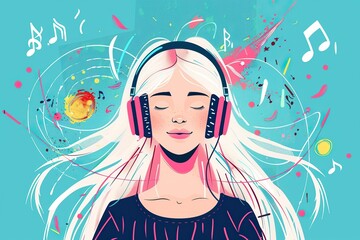 White haired girl with headphones, flat style, illustration style, Memphis, lots of musical elements in the background, generative ai
