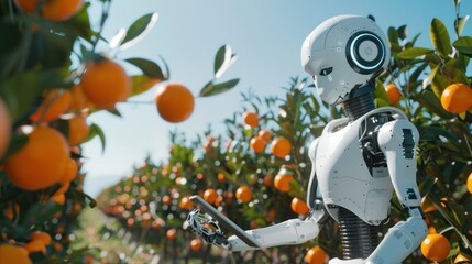 A humanoid robot with a sleek white design is positioned among orange trees, appearing to reach out towards or inspect the ripe fruit.