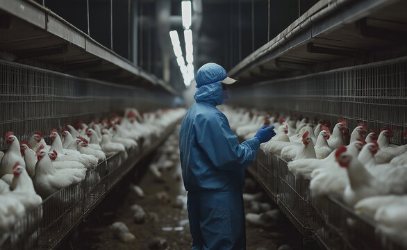 Worker in protective gear inspecting chickens in a large poultry farm.