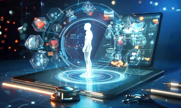 Futuristic Holographic Human Interface with Digital Data and Technology: Ideal for AI, Healthcare Innovation, Virtual Reality, and Advanced Medical Technology Content in Sci-Fi Settings