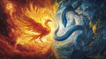 A vibrant depiction of a phoenix and a serpent, symbolizing duality and transformation.