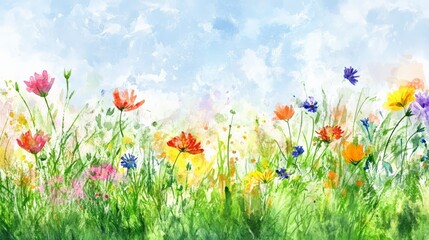 Watercolor painting of a vibrant field of wildflowers under a blue sky, perfect for spring and nature themes.