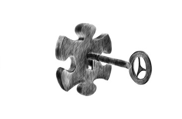 Key and puzzle piece isolated on white background