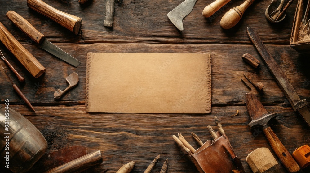 Poster a rustic workspace filled with various woodworking tools, showcasing a blank canvas for creativity. 