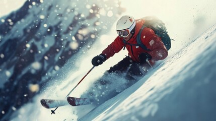 A skier in a red jacket gracefully navigates through fresh snow, showcasing excitement and skill. The snowy mountain backdrop adds to the thrill of the moment.
