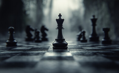 Chess pieces on a board with a dramatic focus on the king in a dark, atmospheric setting.