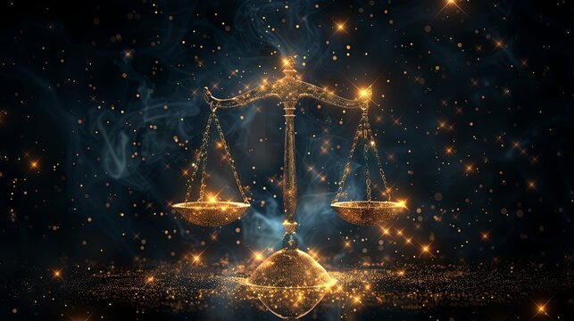 A digitally generated image of the Libra zodiac sign with stars on a black background, representing the concept of astrology, zodiac signs, and horoscopes