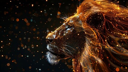 Digitally generated image of the Leo symbol with stars against a black background, representing zodiac signs, constellations, and horoscope themes.