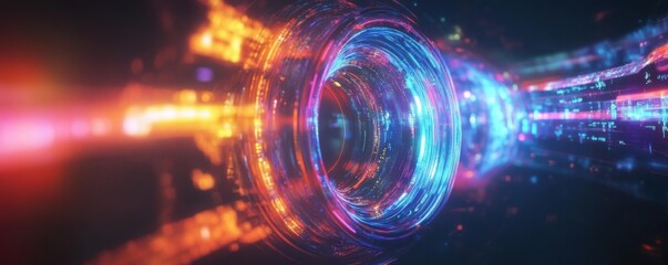 Obraz premium A vibrant, abstract representation of a digital tunnel with glowing lights and colors, evoking a sense of motion and energy.