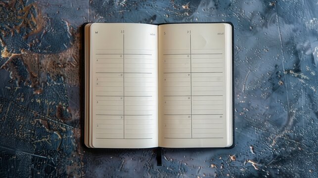 A blank weekly planner open on a textured surface, ready for scheduling.