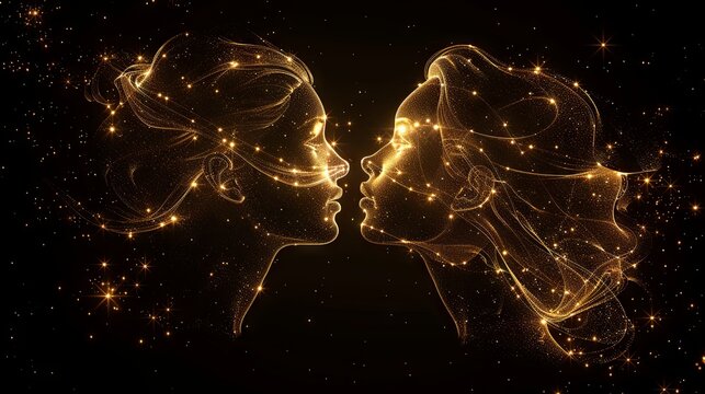 Digitally generated image of the Gemini symbol accompanied by stars on a black background, representing zodiac signs, constellations, and horoscope themes