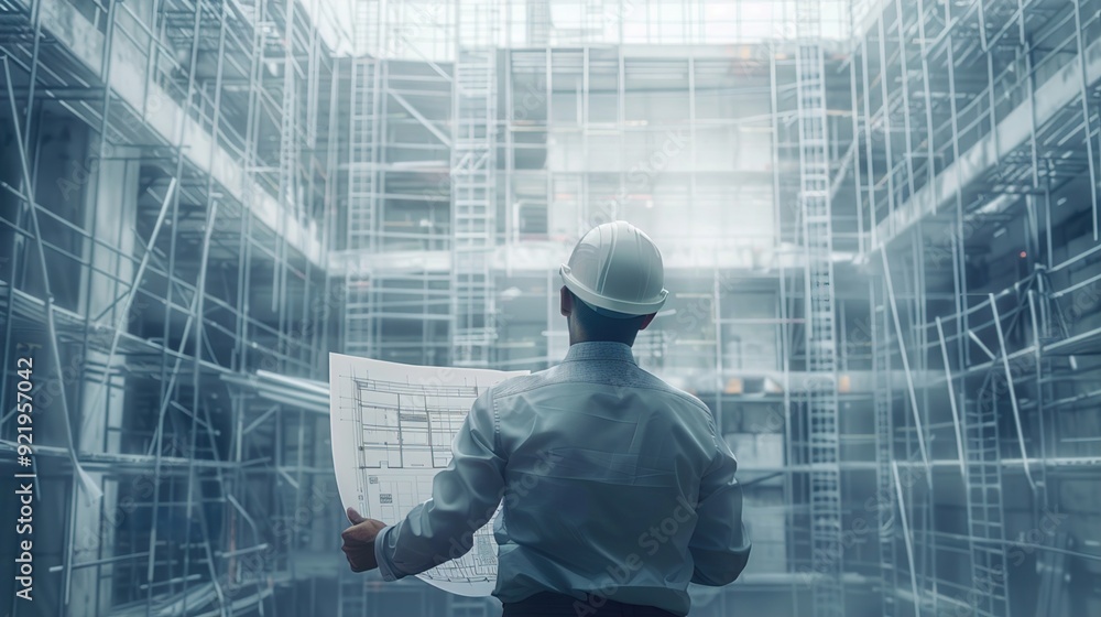Poster an architect presenting a blueprint of a disaster-resistant building design, showcasing structural r