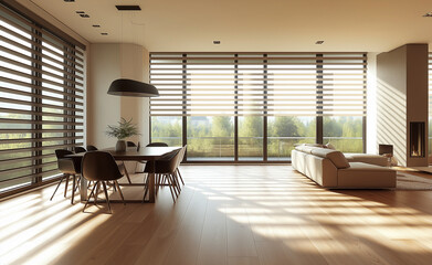 Fototapeta premium Modern minimalist living room with large windows and sunlight streaming in.