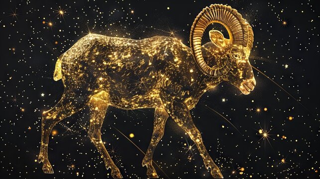 Digital image of the Aries symbol adorned with stars on a black background. This representation of zodiac signs, constellations, and horoscopes is created through digital technology
