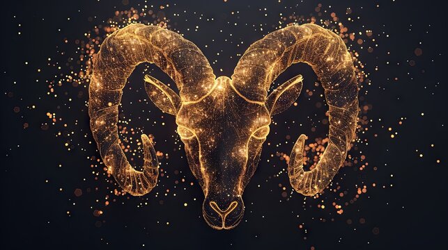 Digital image of the Aries symbol adorned with stars on a black background. This representation of zodiac signs, constellations, and horoscopes is created through digital technology