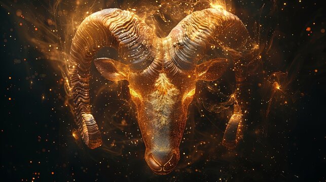 Digital image of the Aries symbol adorned with stars on a black background. This representation of zodiac signs, constellations, and horoscopes is created through digital technology