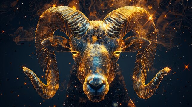 Digital image of the Aries symbol adorned with stars on a black background. This representation of zodiac signs, constellations, and horoscopes is created through digital technology