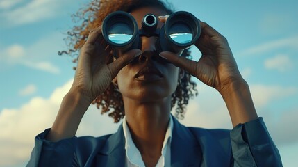 A businesswoman using binoculars to scan the horizon for potential threats, symbolizing proactive risk identification and mitigation.