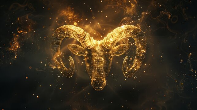 Digital image of the Aries symbol adorned with stars on a black background. This representation of zodiac signs, constellations, and horoscopes is created through digital technology