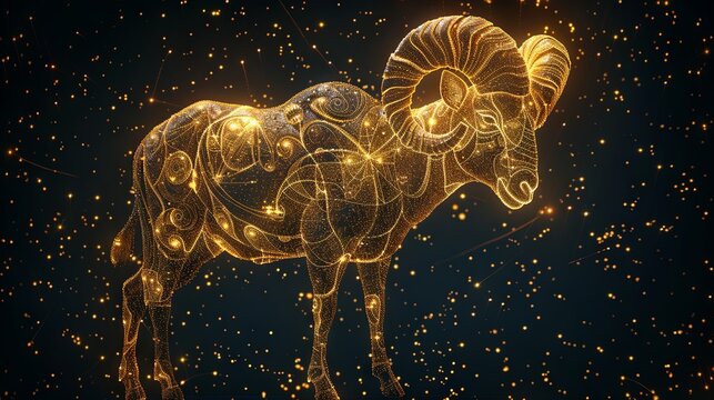 Digital image of the Aries symbol adorned with stars on a black background. This representation of zodiac signs, constellations, and horoscopes is created through digital technology