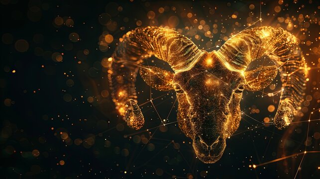 Digital image of the Aries symbol adorned with stars on a black background. This representation of zodiac signs, constellations, and horoscopes is created through digital technology