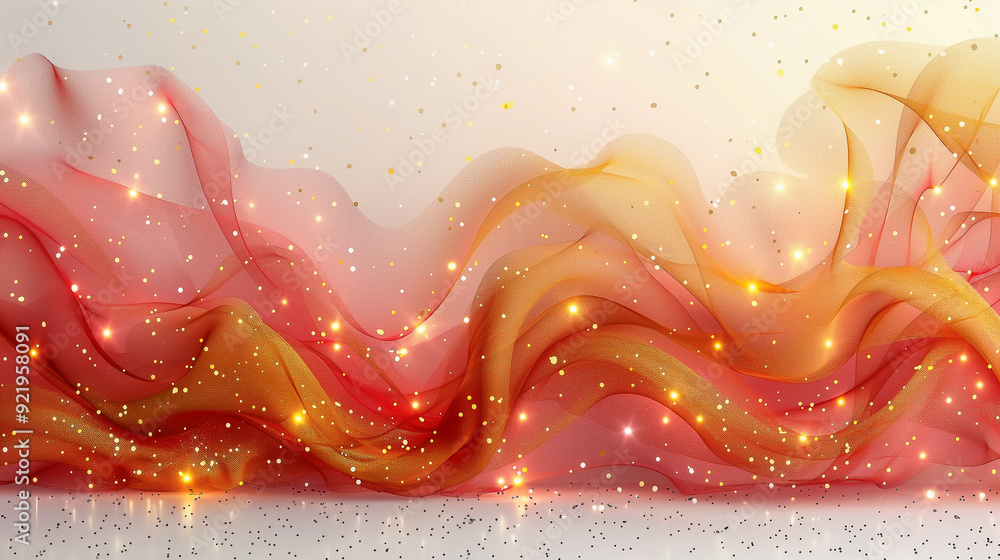 Poster flowing red and gold fabric with sparkling lights..