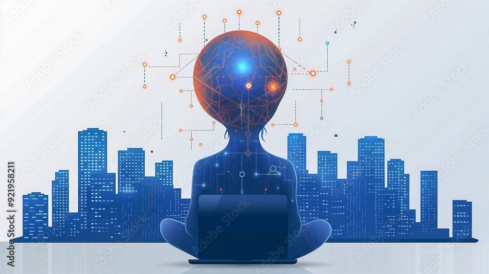 Poster digital mind connected to urban network with futuristic technology..