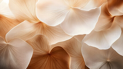 Nature abstract of flower petals, beige transparent leaves with natural texture as natural background or wallpaper. Macro texture, neutral color aesthetic photo with veins of leaf, botanical design.