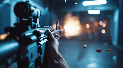 Person firing a rifle with a visible muzzle flash in an indoor shooting range.