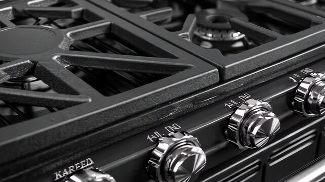 Close-up of a black gas stove with metal control knobs highlighting its elegant and modern design