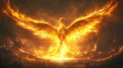 Phoenix Rising from the Ashes in Fiery Flames, Symbol of Rebirth and Immortality
