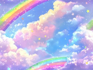 seamless pattern, Charming kawaii rainbows stretching across a pastel sky